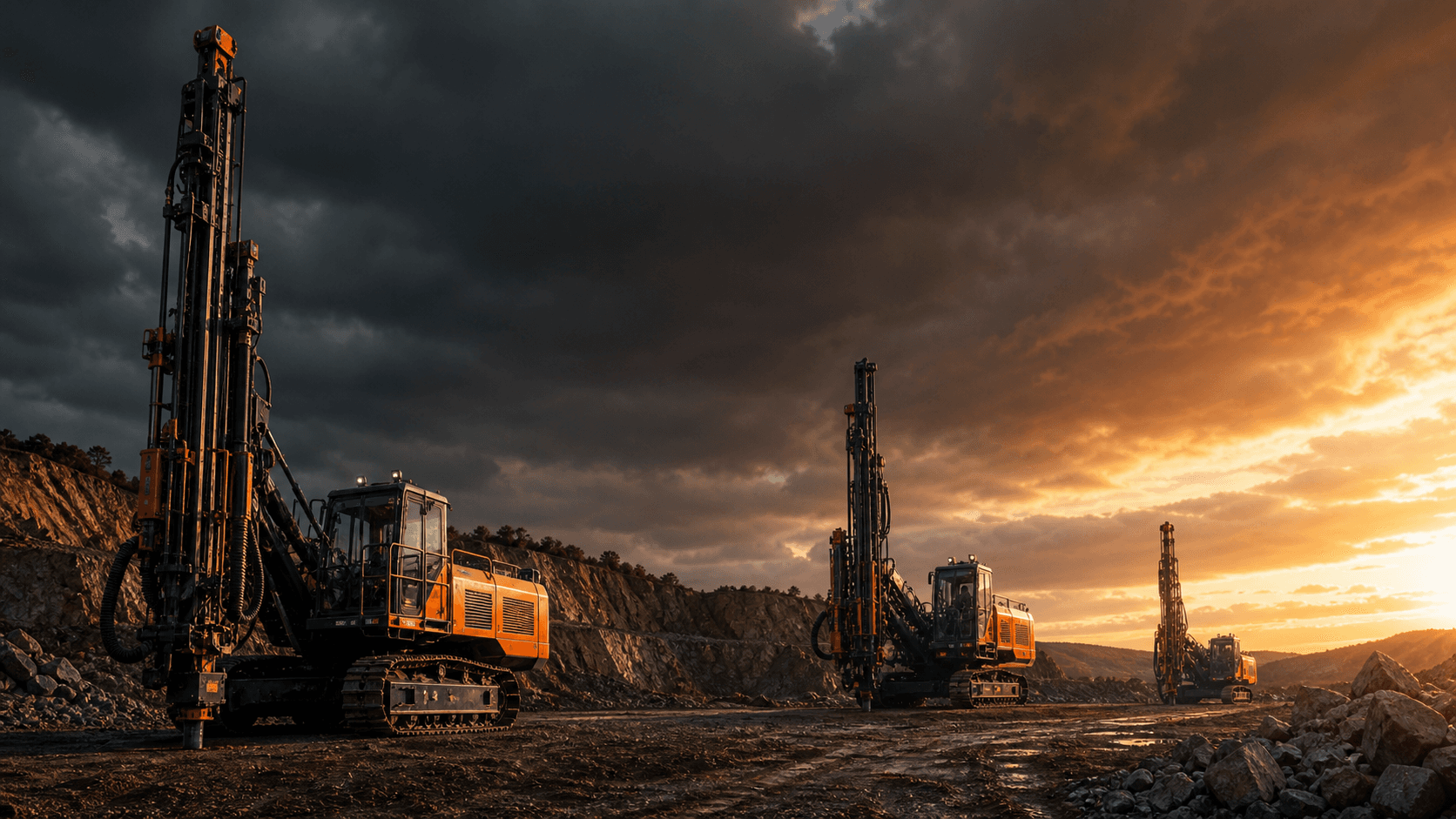 Drilling rigs at an industrial worksite during sunset